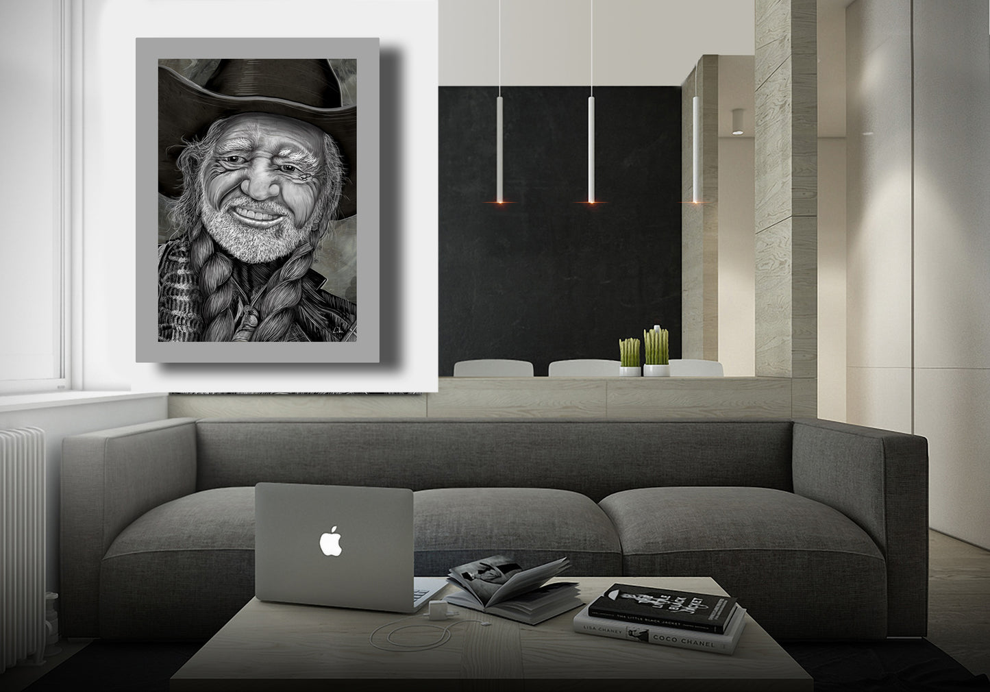 Modern living room with a gray sofa, laptop, and framed portrait of Willie Nelson by Doug LaRue on the wall.