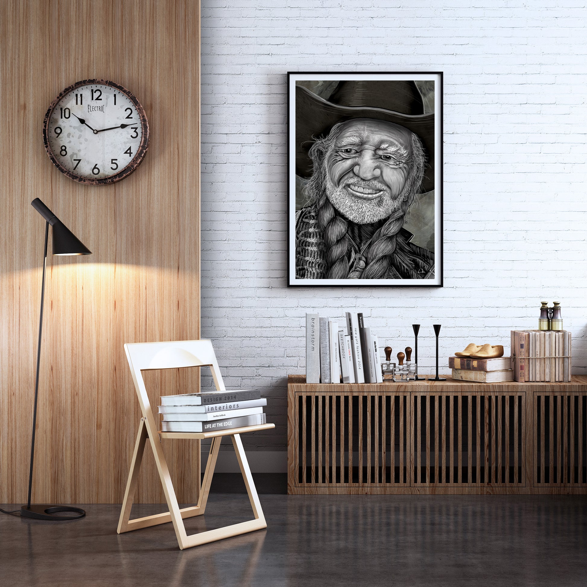 Living room with a portrait of Willie Nelson  by Doug LaRue in a cowboy hat on the wall, a clock, and a lamp.