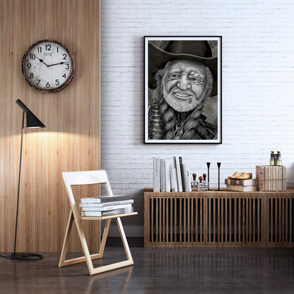 Living room with a portrait of Willie Nelson  by Doug LaRue in a cowboy hat on the wall, a clock, and a lamp.