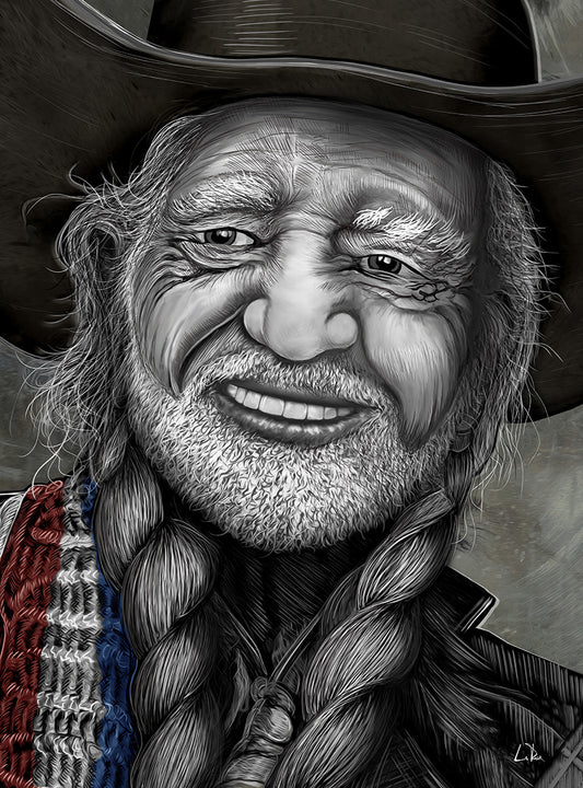 Black and white portrait illustration of a smiling cowboy with a wide-brim hat, long braided hair, and a beard, with a red and blue patterned guitar strap visible at the left side. Willie Nelson by Doug LaRue
