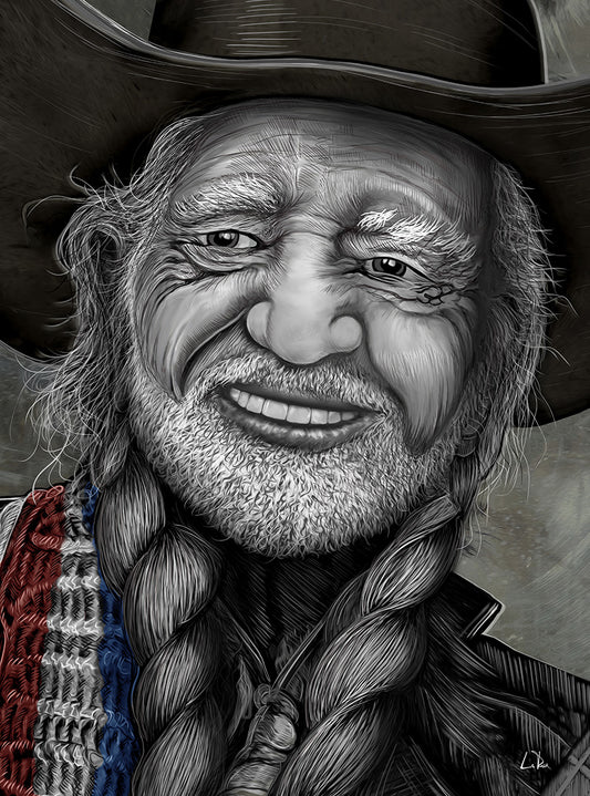 Black and white portrait illustration of a smiling cowboy with a wide-brim hat, long braided hair, and a beard, with a red and blue patterned guitar strap visible at the left side. Willie Nelson by Doug LaRue