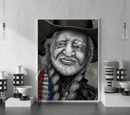 A framed black and white portrait print of a smiling man with a cowboy hat and braided hair, displayed on a shelf in a modern interior setting with decorative vases and pendant lights. Willie Nelson by Doug LaRue