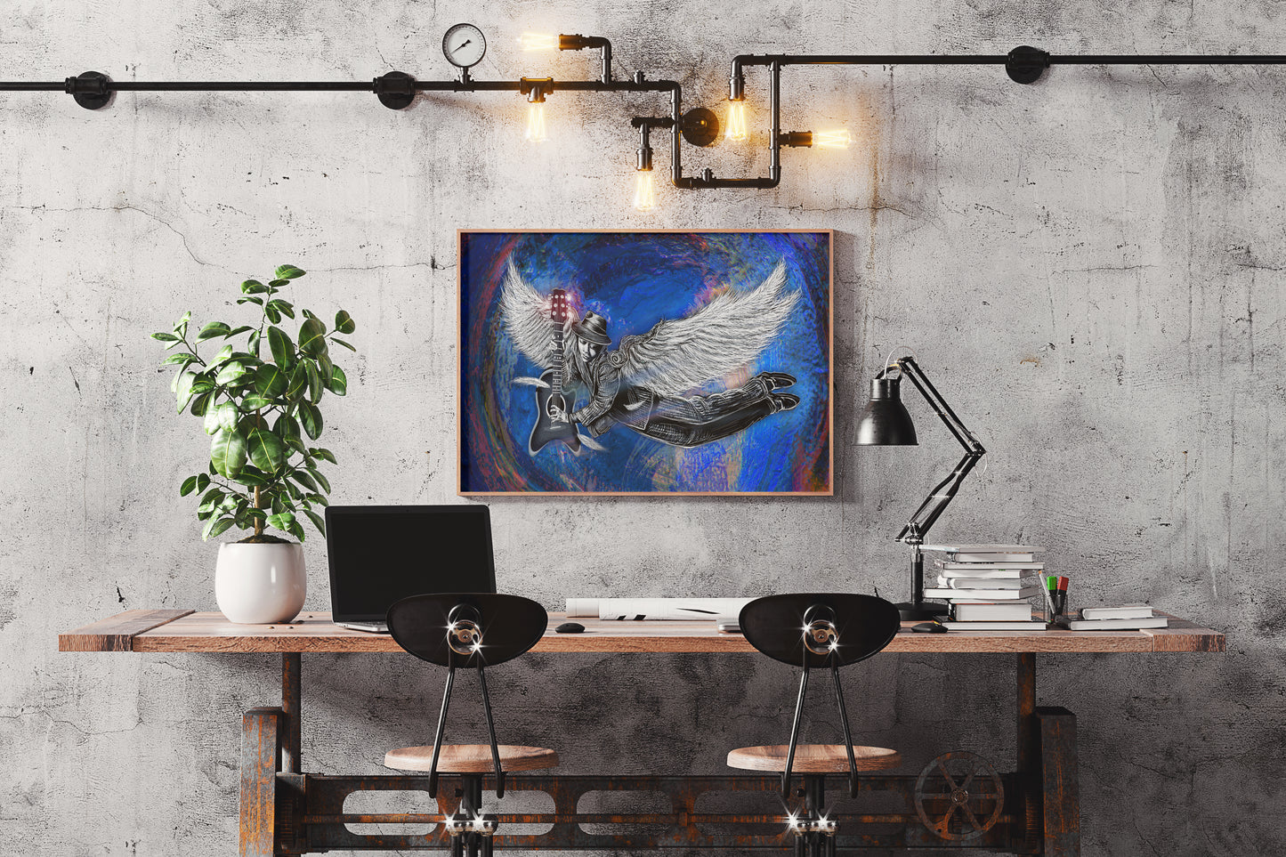 Modern office setup with a desk, chairs, and wall art in a concrete-walled room. Winged 6 String by Doug LaRue