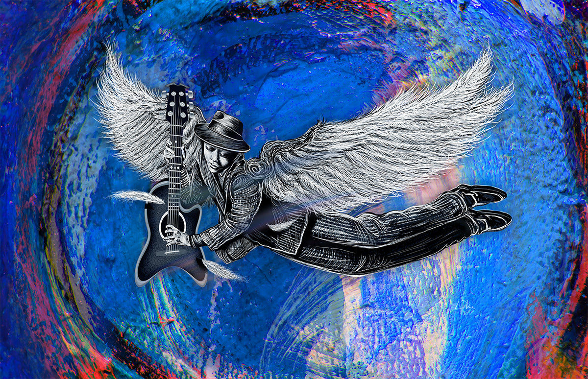 Artistic depiction of a winged figure playing a guitar against a colorful abstract background. Winged 6 String by Doug LaRue