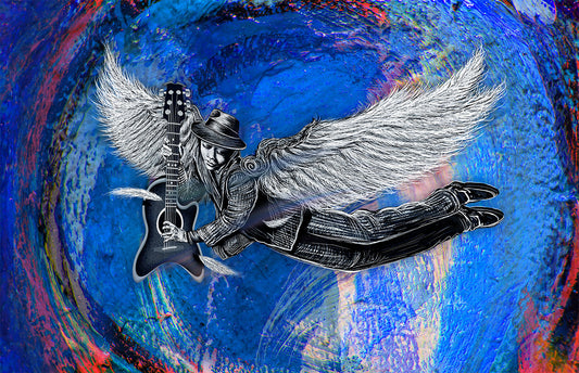 Artistic depiction of a winged figure playing a guitar against a colorful abstract background. Winged 6 String by Doug LaRue