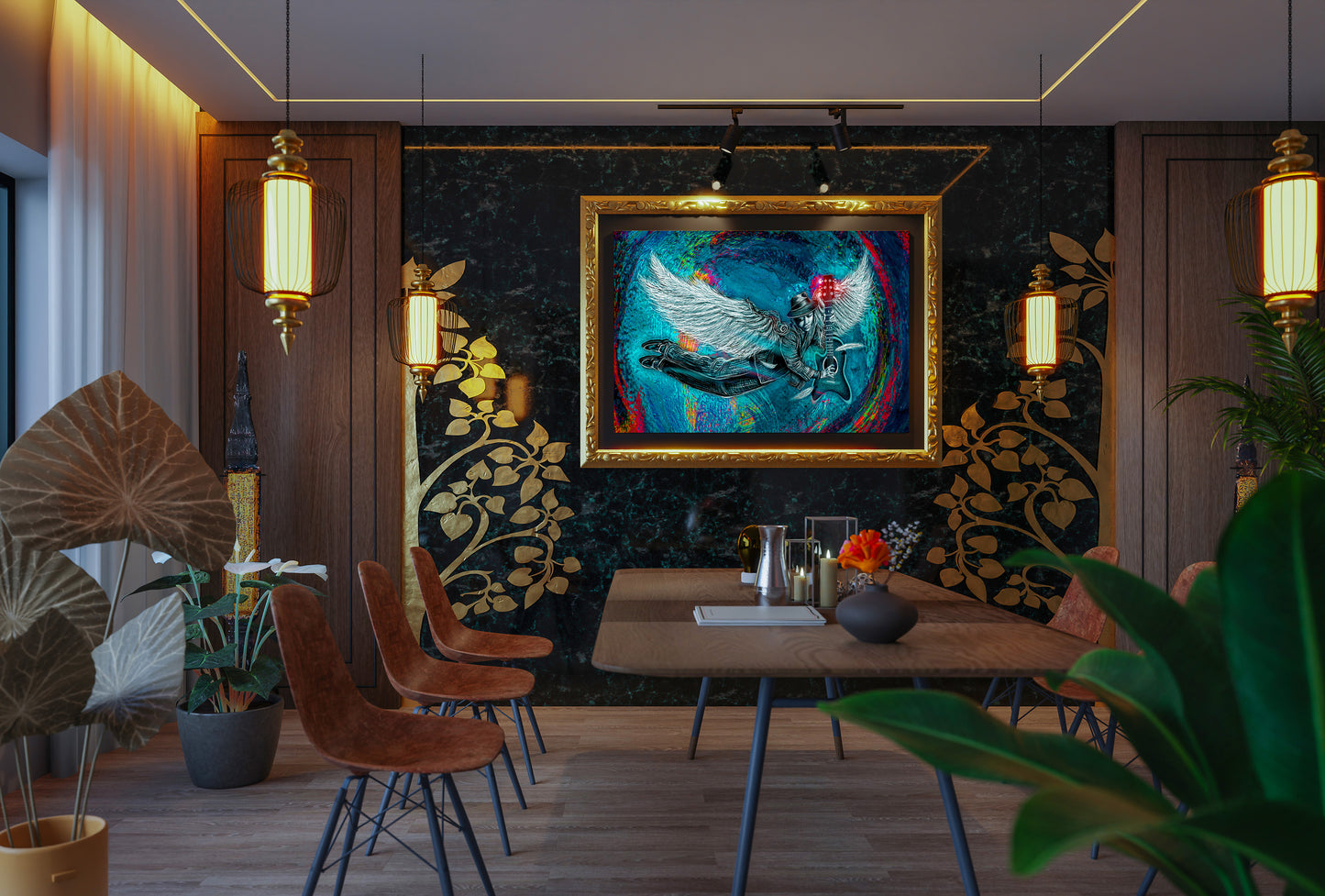Modern interior with a colorful painting on the wall, wooden chairs, and a table. Winged 6 String by Doug LaRue