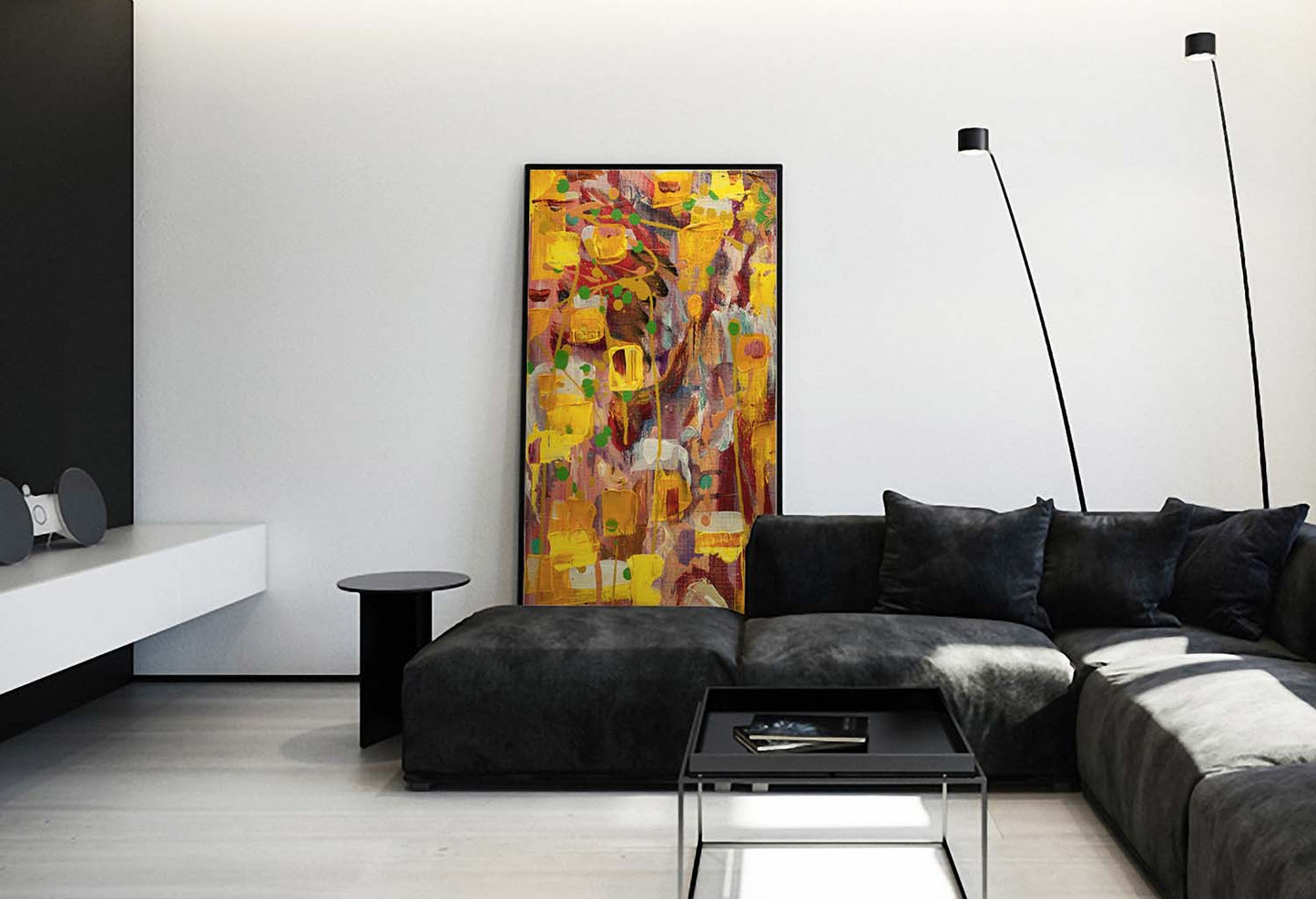 Abstract Cubist vertical art print on a living room wall above couch