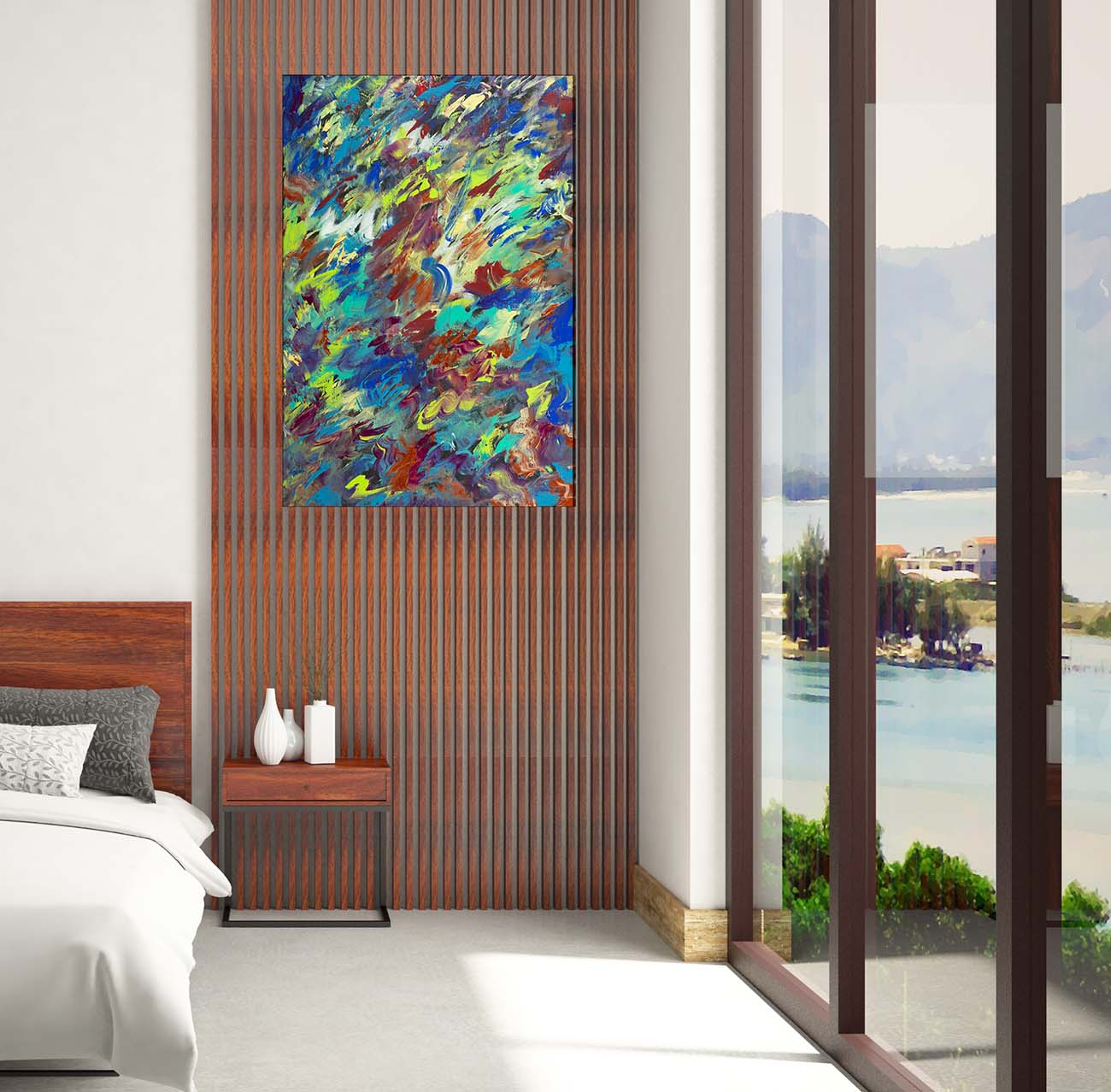 April abstract art by Doug LaRue on a luxury bedroom wall