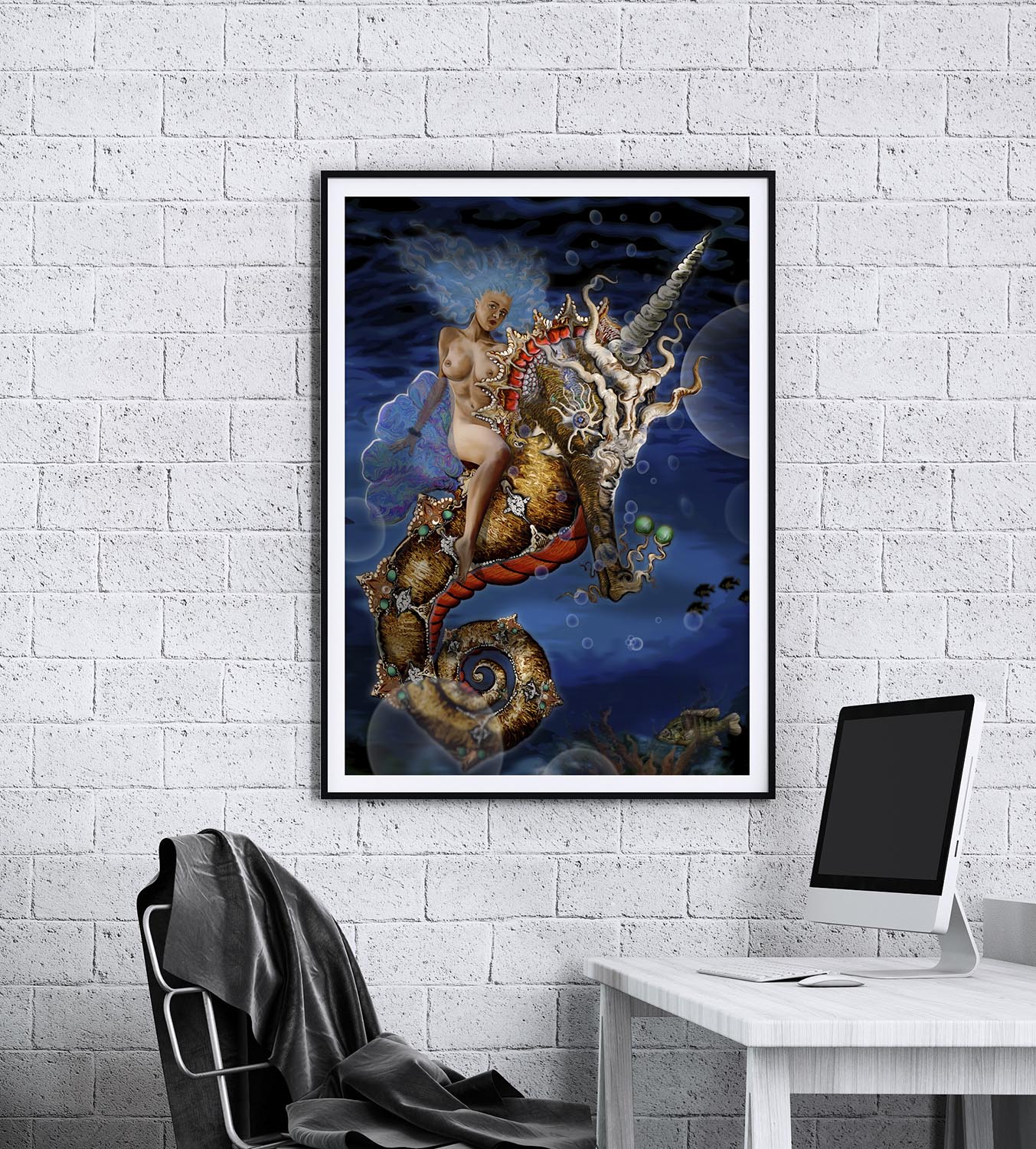 Zwyla - Aquatic Goddess Nude artwork by Doug LaRue large print on a office wall