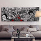 A large print over a couch of Armadillo Art Squad ink illustration portrait by Doug LaRue