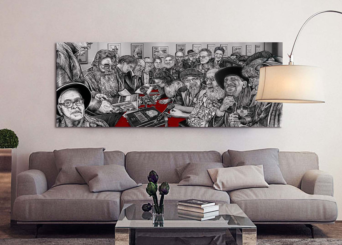 A large print over a couch of Armadillo Art Squad ink illustration portrait by Doug LaRue