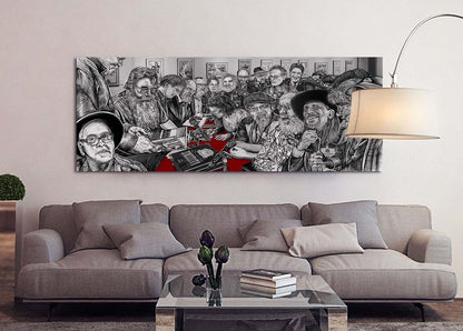 A large print over a couch of Armadillo Art Squad ink illustration portrait by Doug LaRue