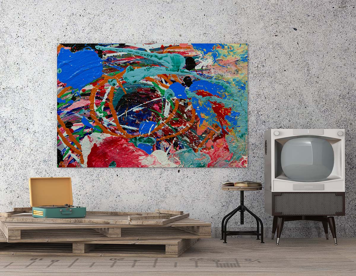 Abstract 21 Boil art by Doug LaRue print on a work room wall near a retro television