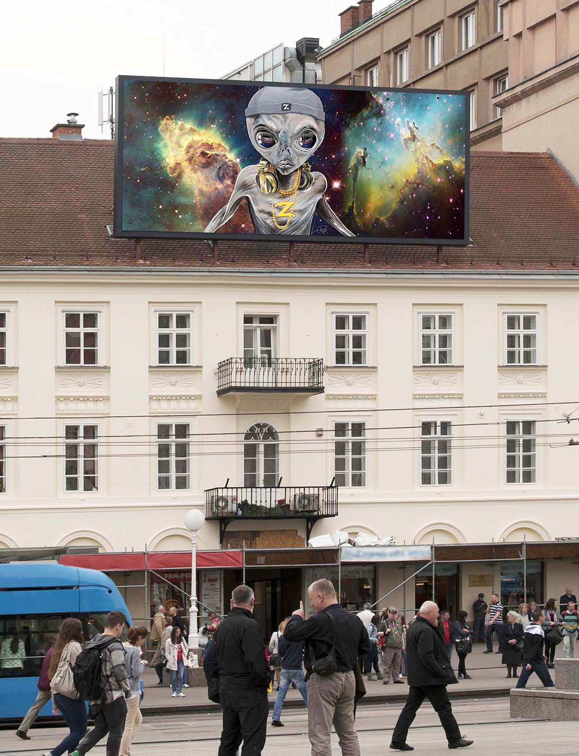 DJ Zedd the alien mix master mixed media by Doug LaRue on a large sign on a roof in Europe
