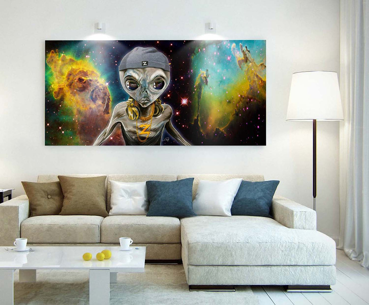 DJ Zedd the alien mix master mixed media by Doug LaRue on a wall in a living room over the couch