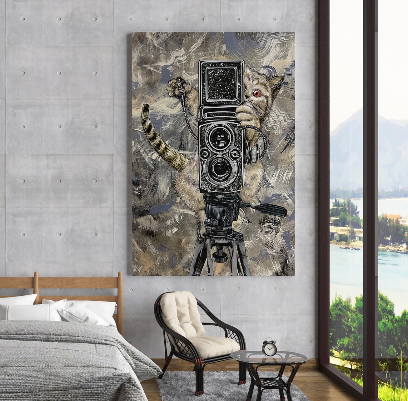 Catographer mixed media art by Doug LaRue on a bedroom wall