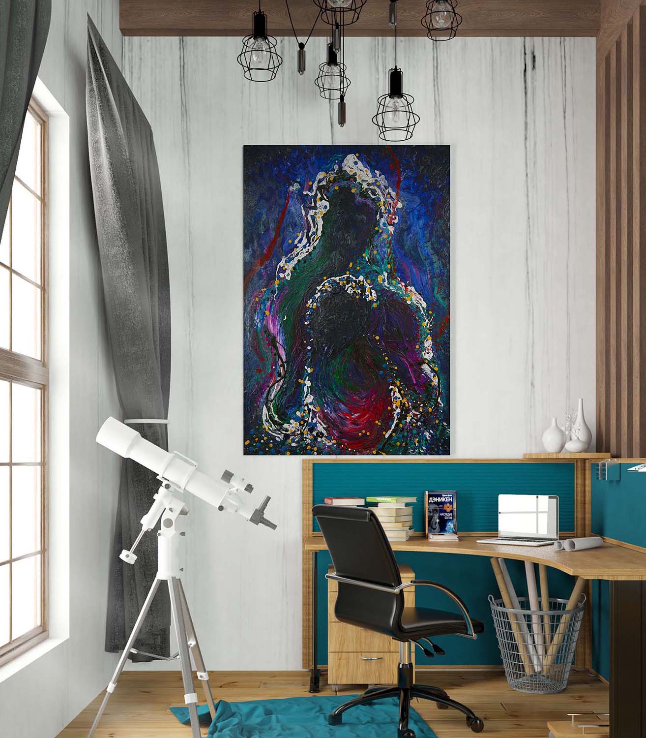 Large wall print of Auras Embraced original acrylic painting on canvas by Doug LaRue next to a telescope by a window