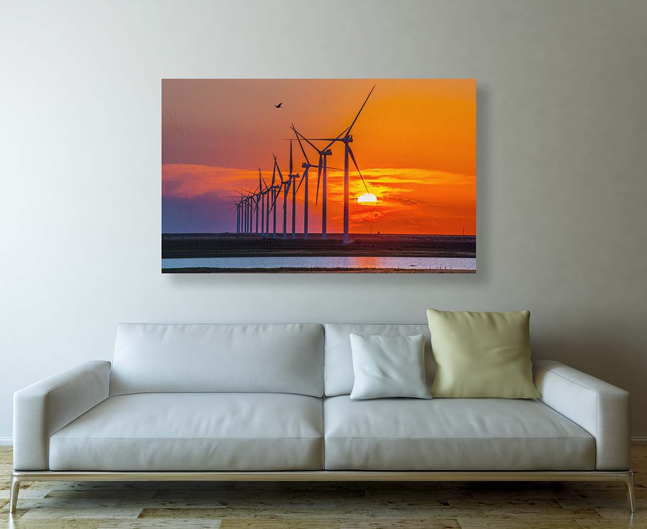 Sunset Turbines photograph by Doug LaRue large print over a white couch