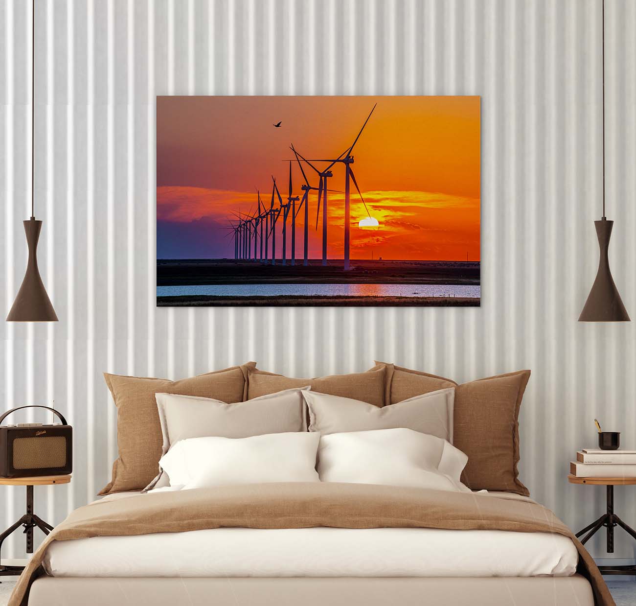 Sunset Turbines photograph by Doug LaRuenlarge print over a fluffy bed