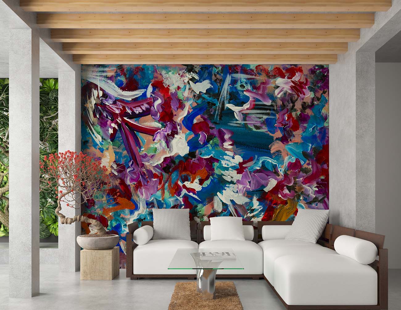 Easter abstract art by Doug LaRue as a wall mural over a sectional couch