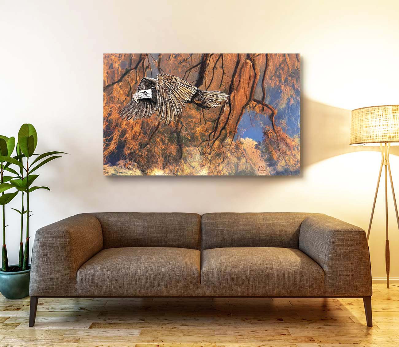 Golden Forest Eagle mixed media art by Doug LaRue large print on a living room wall