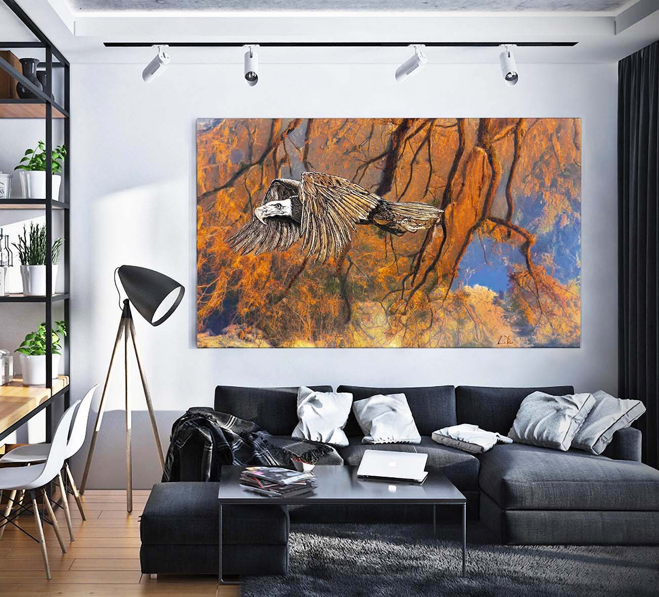 Golden Forest Eagle mixed media art by Doug LaRue large print on a living room wall