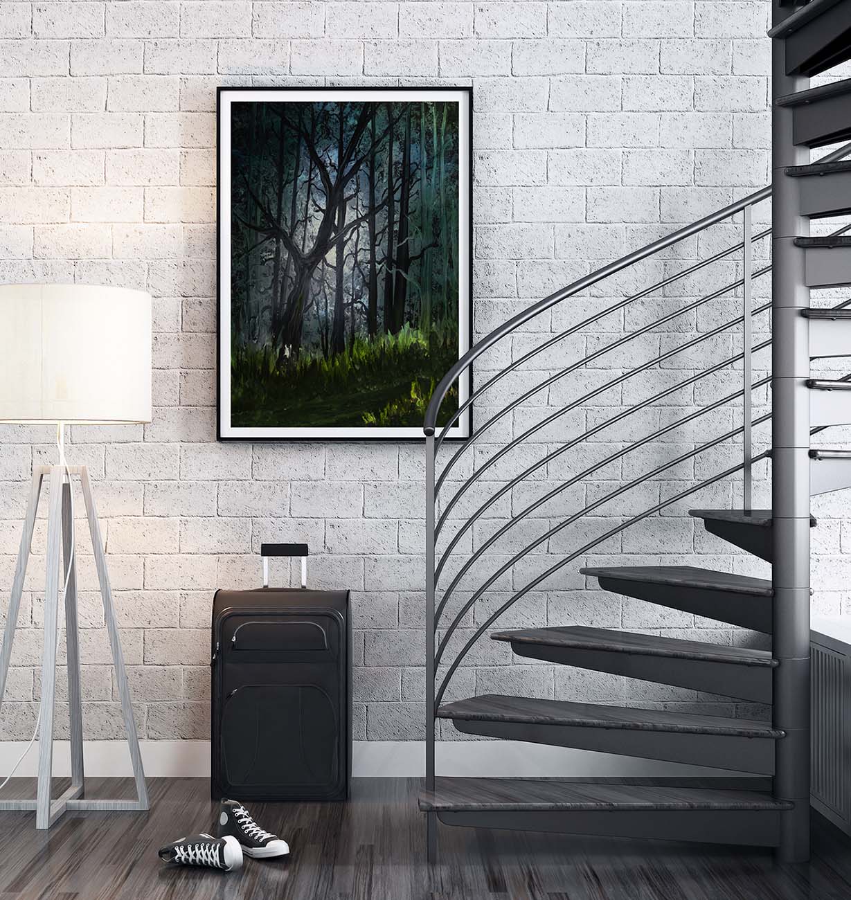 Forest Glow oil painting by Doug LaRue on a white brick wall next to a spiral staircase