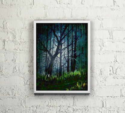 Forest Glow oil painting by Doug LaRue on a white brick wall