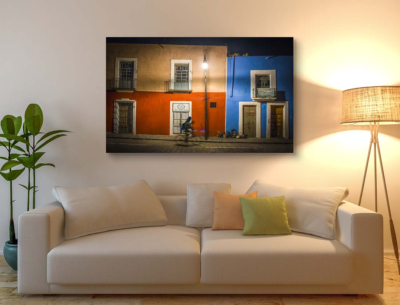 Guitar Shop Cyclist photograph by Doug LaRue large print on a living room wall over a couch