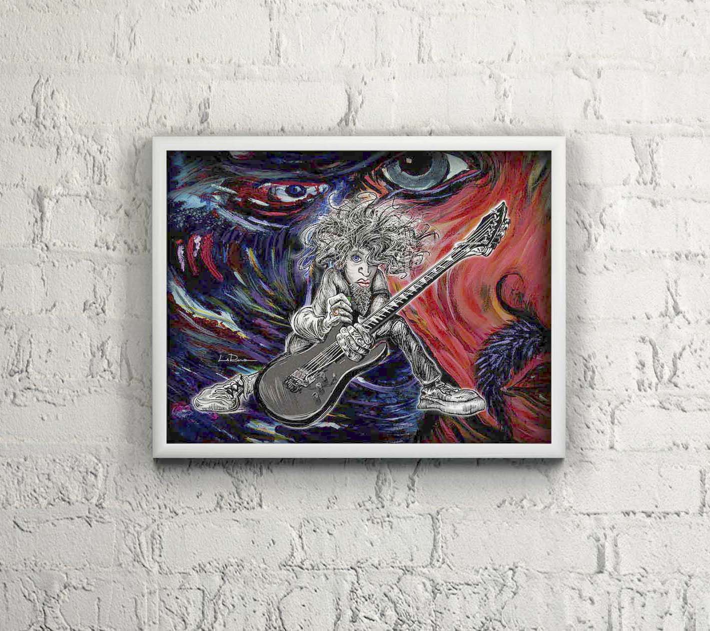 Hair Guitar mixed media illustration character design by Doug LaRue in a white wooden frame on white brick wall