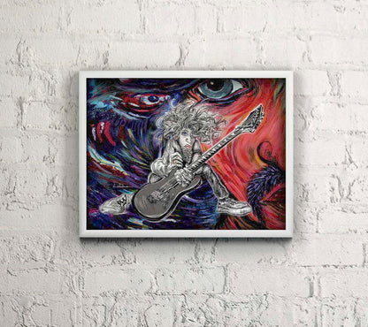 Hair Guitar mixed media illustration character design by Doug LaRue in a white wooden frame on white brick wall