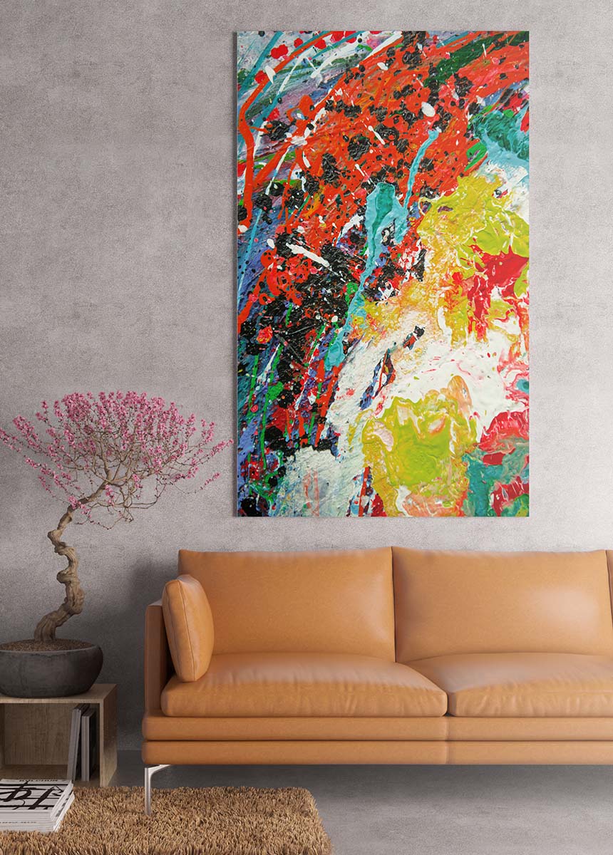 Abstract 21 Incursion art by Doug LaRue metal print over a tan couch