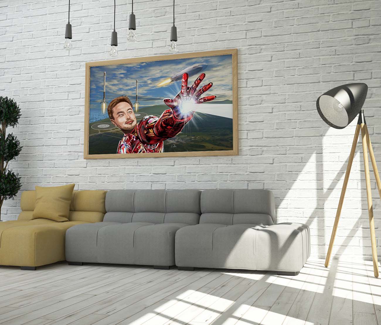 Iron Musk, conceptual portrait of Elon Musk by Doug LaRue on a white brick wall over a couch