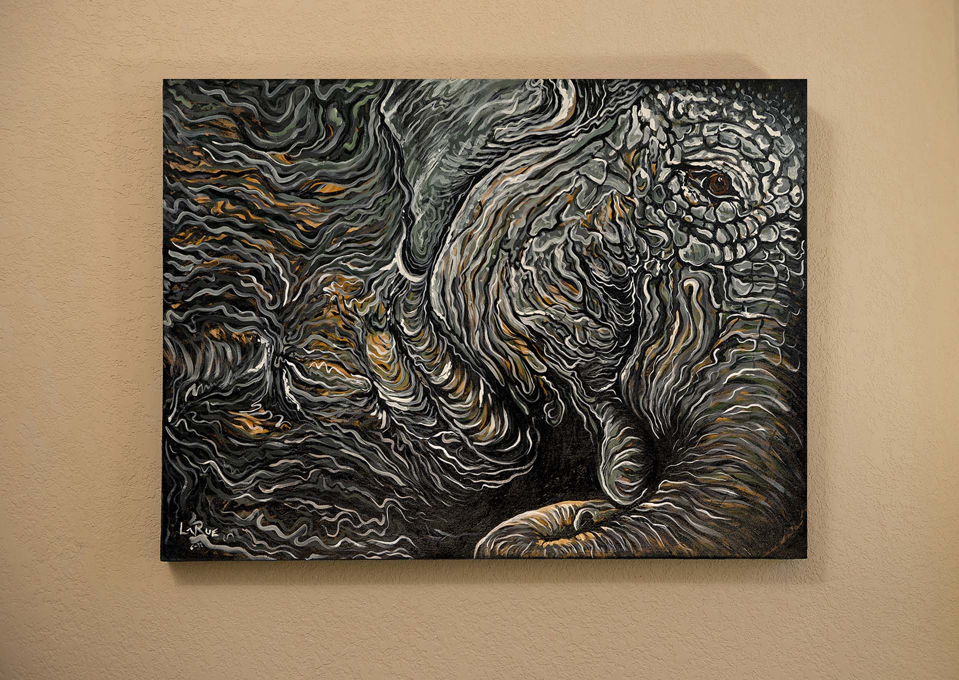 Waking Elephant is a figurative abstract painting on canvas