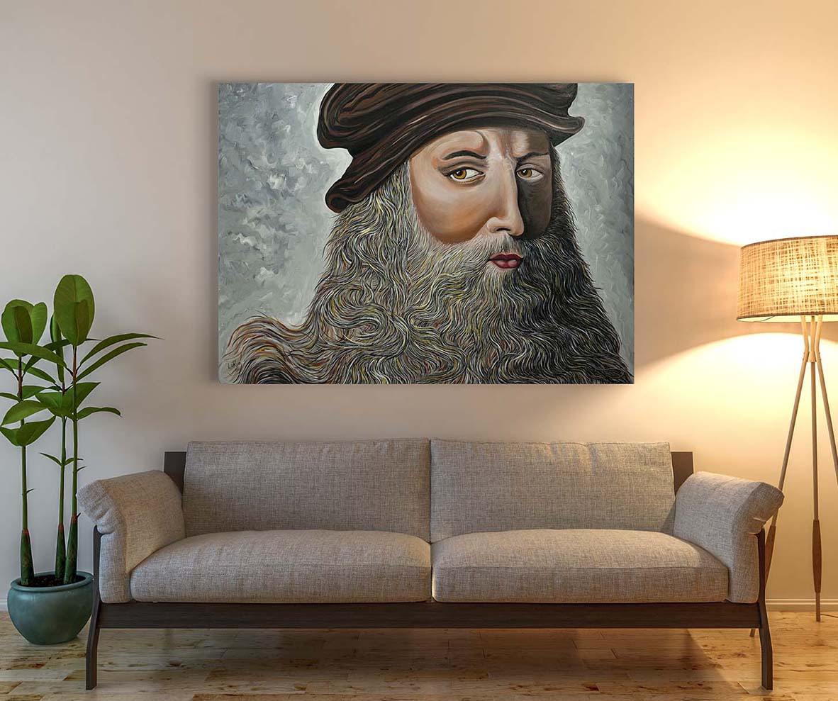 Leonardo Da Vinci portrait oil painting by Doug LaRue hanging over a tan couch
