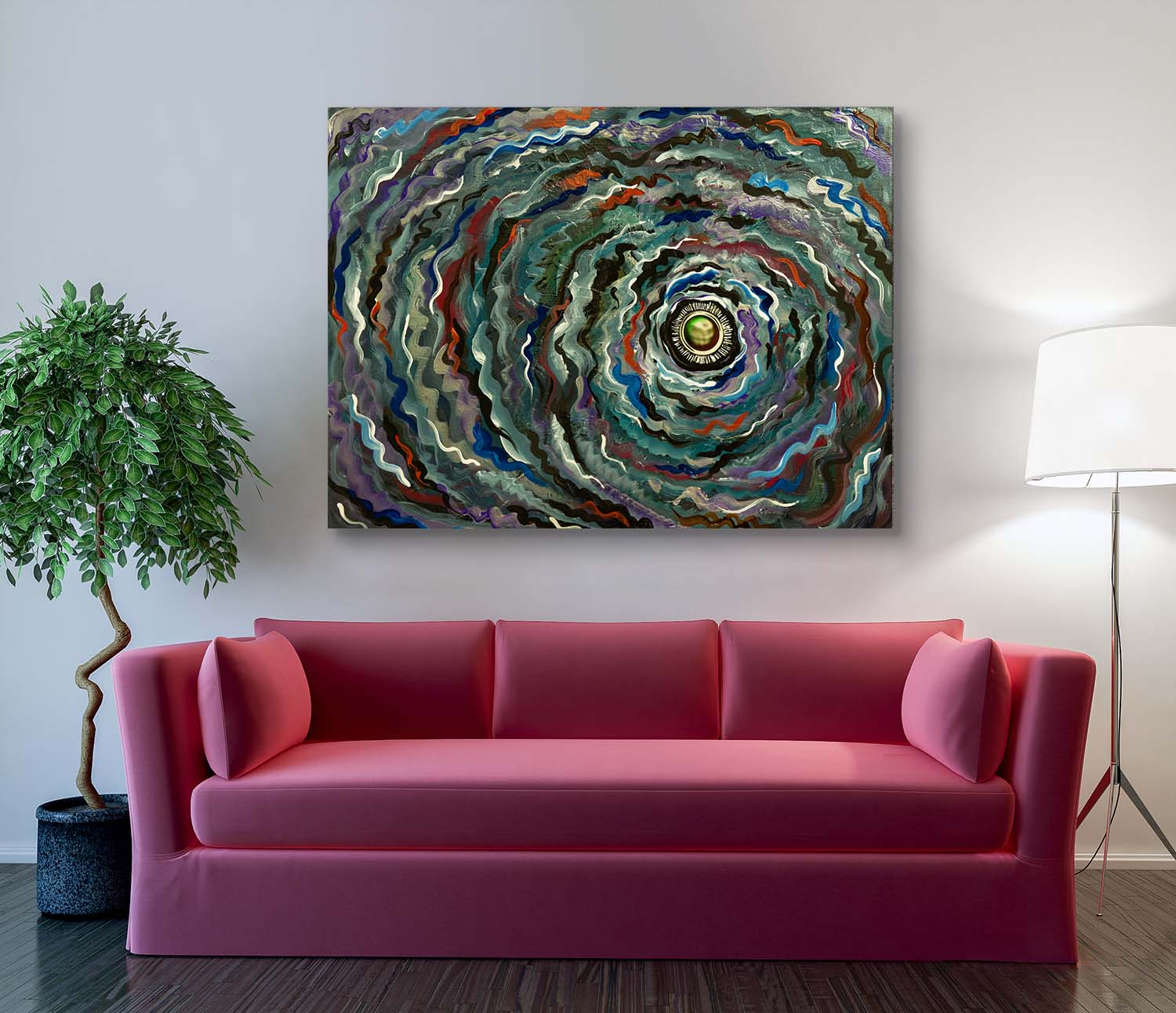 Metallic Vortex canvas print on wall over a Rose couch