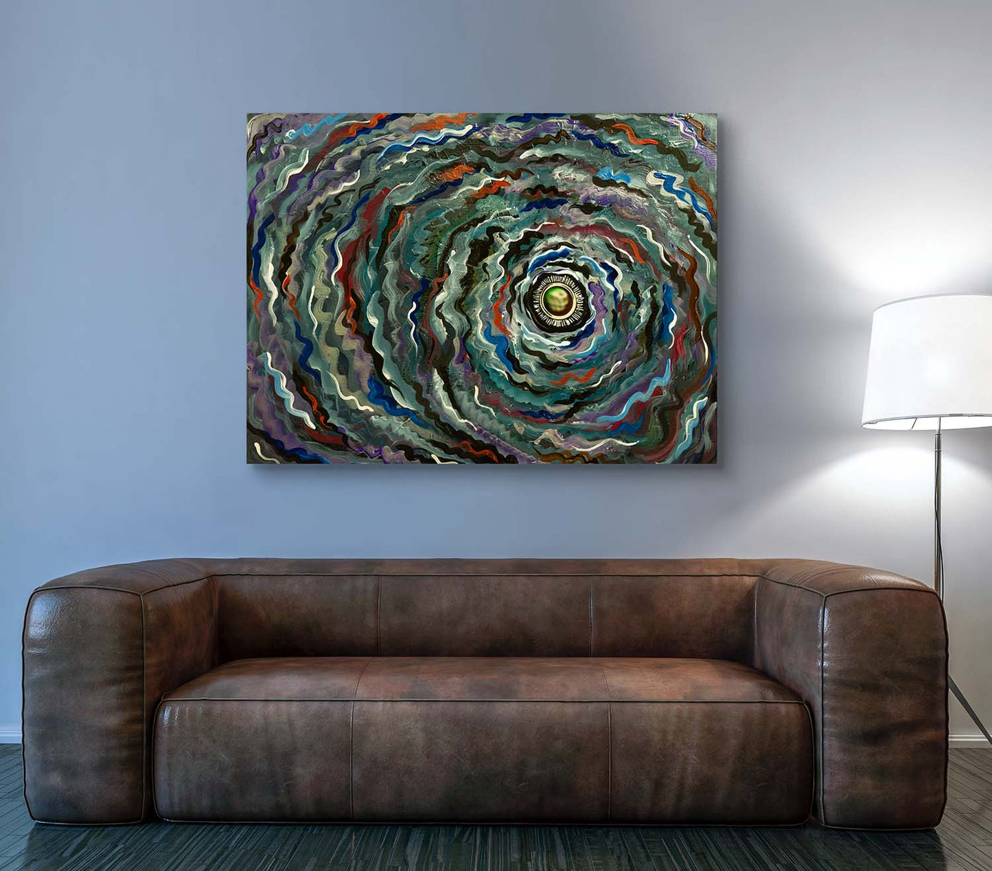 Metallic Vortex canvas print on wall over a brown couch