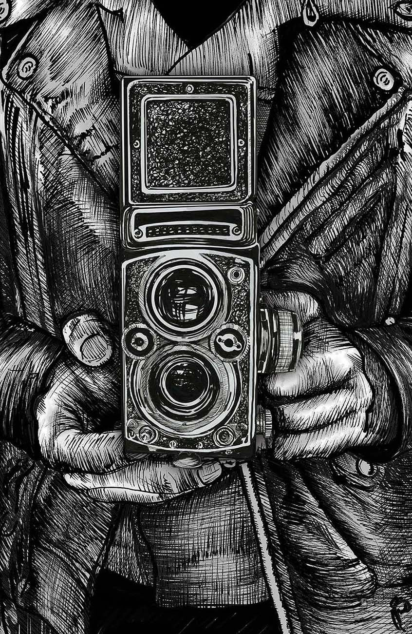 Leather Twin Lens Black and White ink art