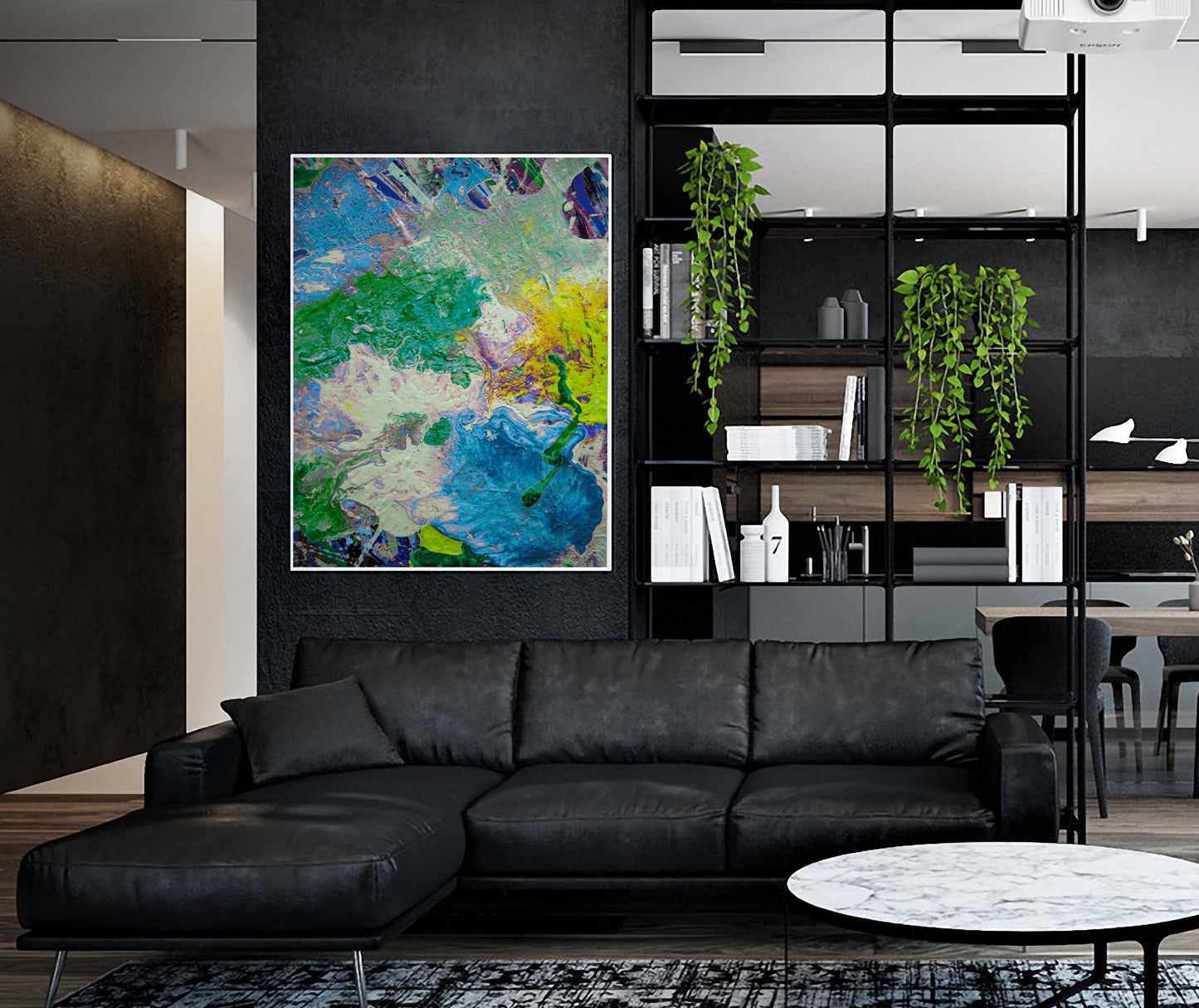 Abstract Pour 21 Galopagos artwork by Doug LaRue framed and hung on a living room wall over a black couch