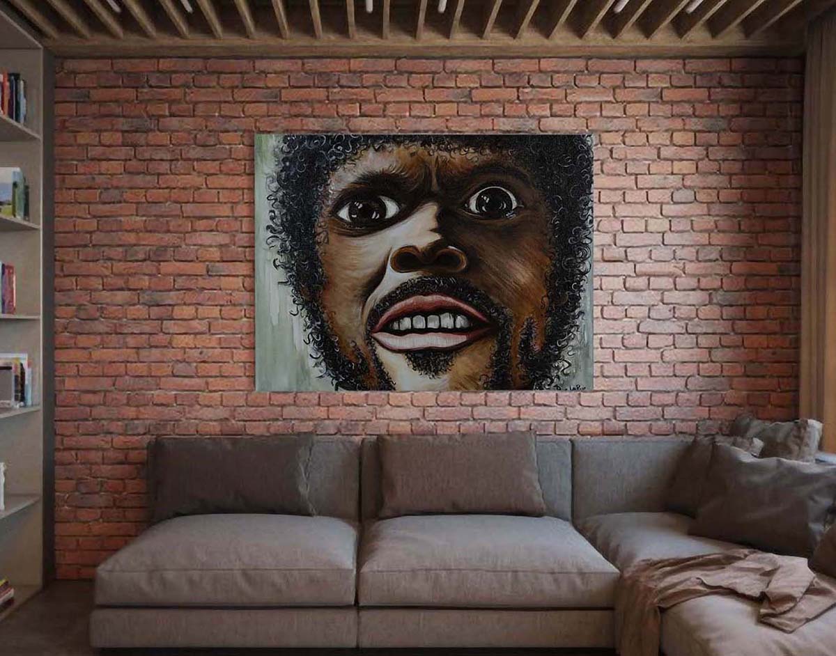 Sam's Furious Anger print on a brick wall in a living room