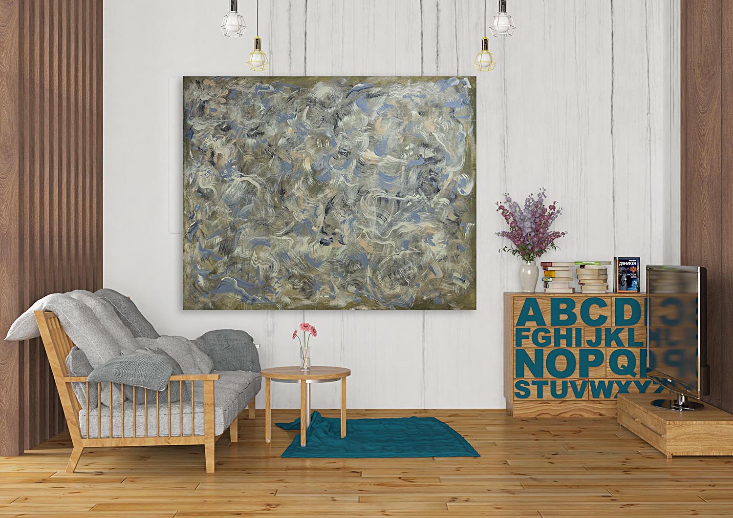 Sand Bridge abstract art by Doug LaRue displayed on a living room wall