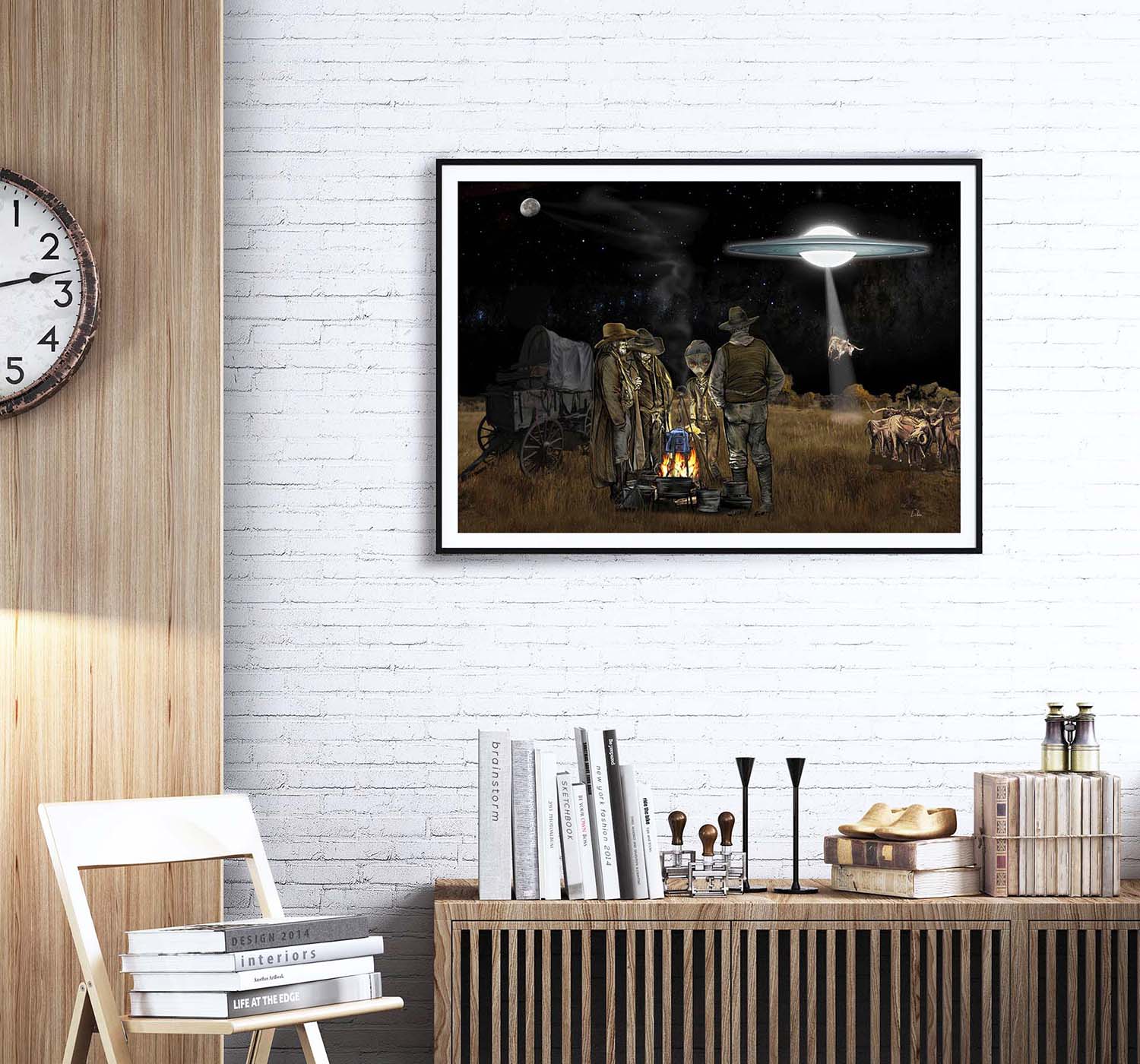 Space Cowboys mixed media art of a being from outer space negotiating the price of Longhorn beef framed print on a white brick wall