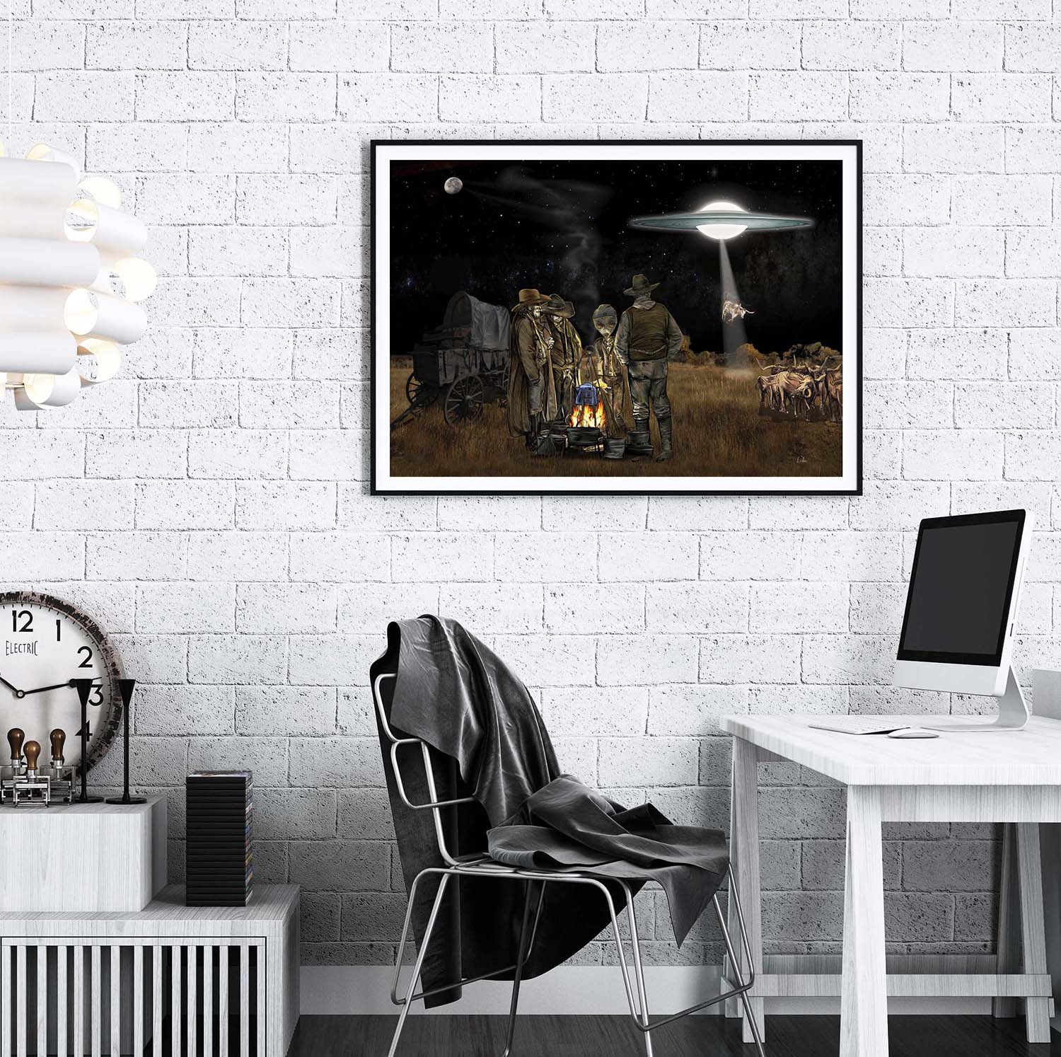 Space Cowboys mixed media art of a being from outer space negotiating the price of Longhorn beef framed print on a white brick wall in an office