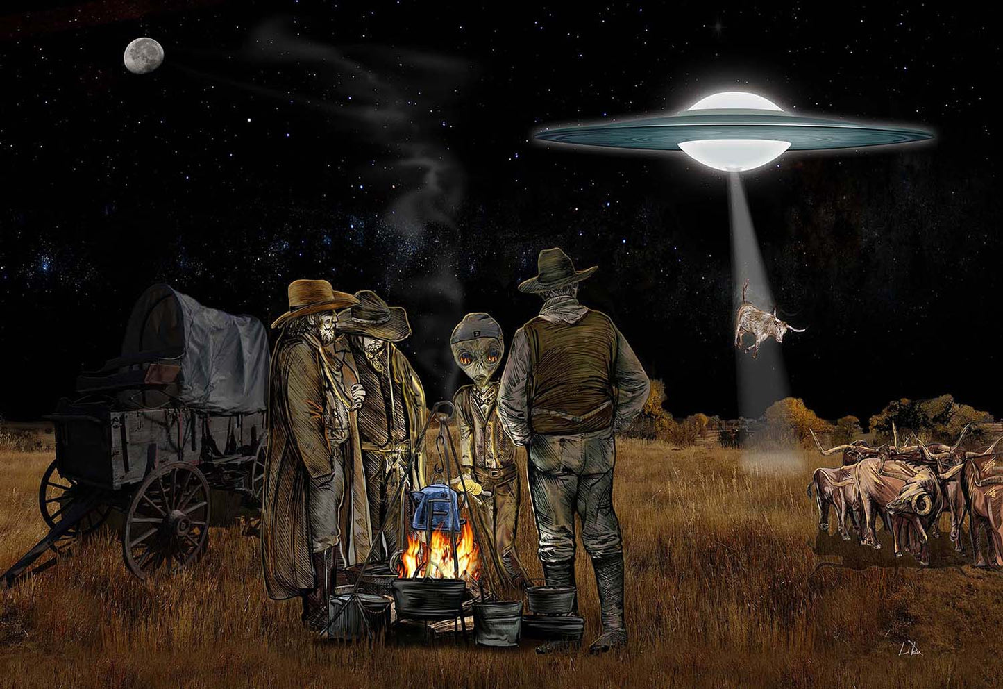 Space Cowboys mixed media art of a being from outer space negotiating the price of beef with some cow hands on the trail