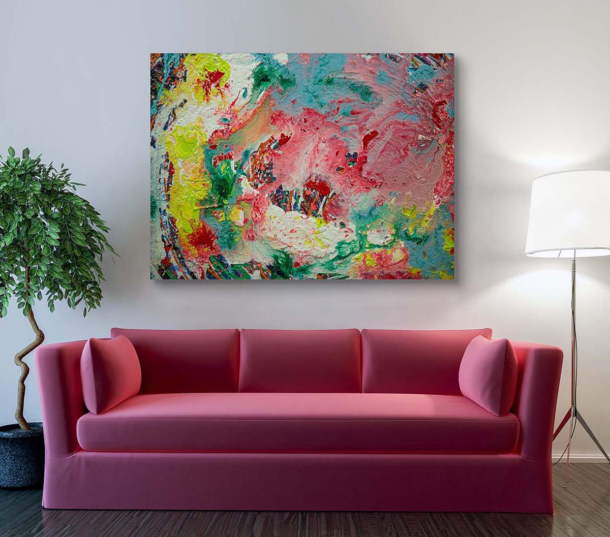 Abstract 21 Summerfeld artwork by Doug LaRue large print over a rose couch