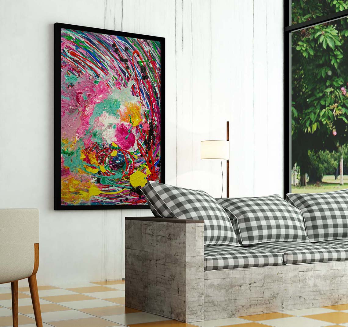 Abstract 21 Symmetry art by Doug LaRue in a black frame on a wall in living room wall