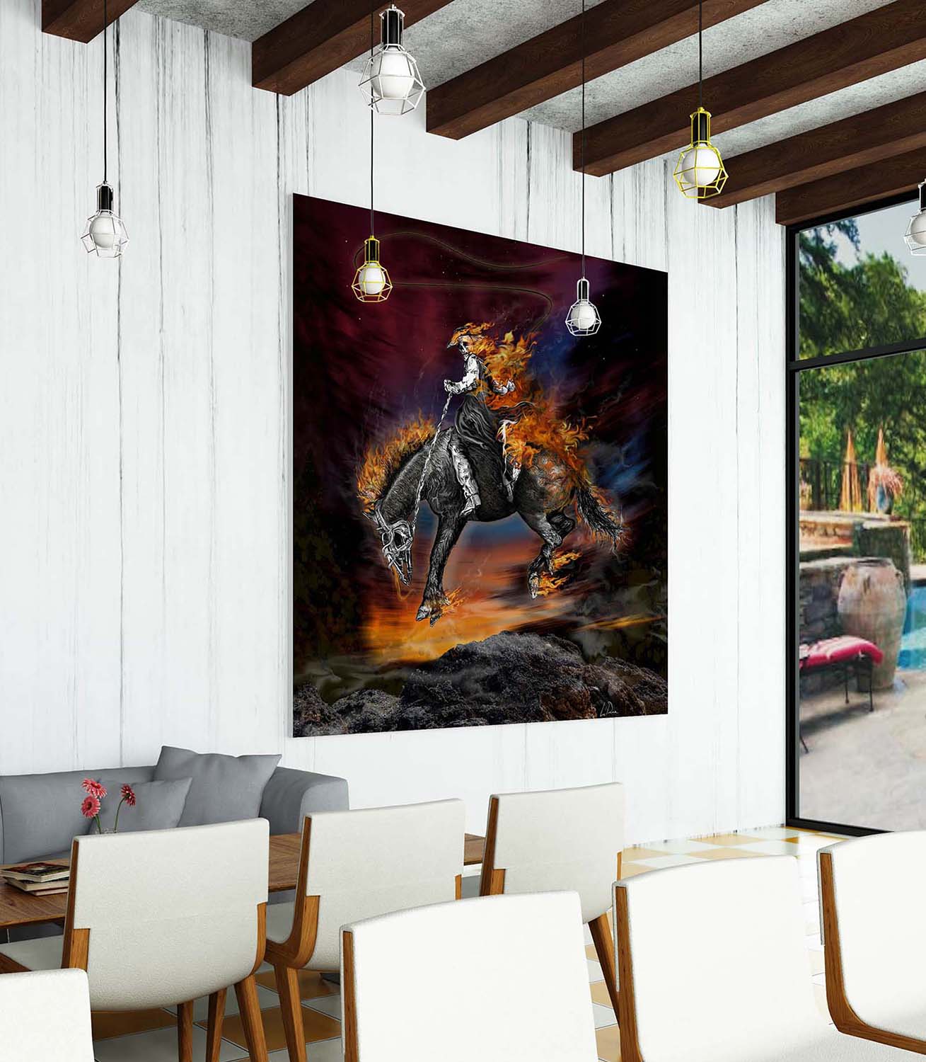 Texas Ghost Rider on a family room wall next to a window