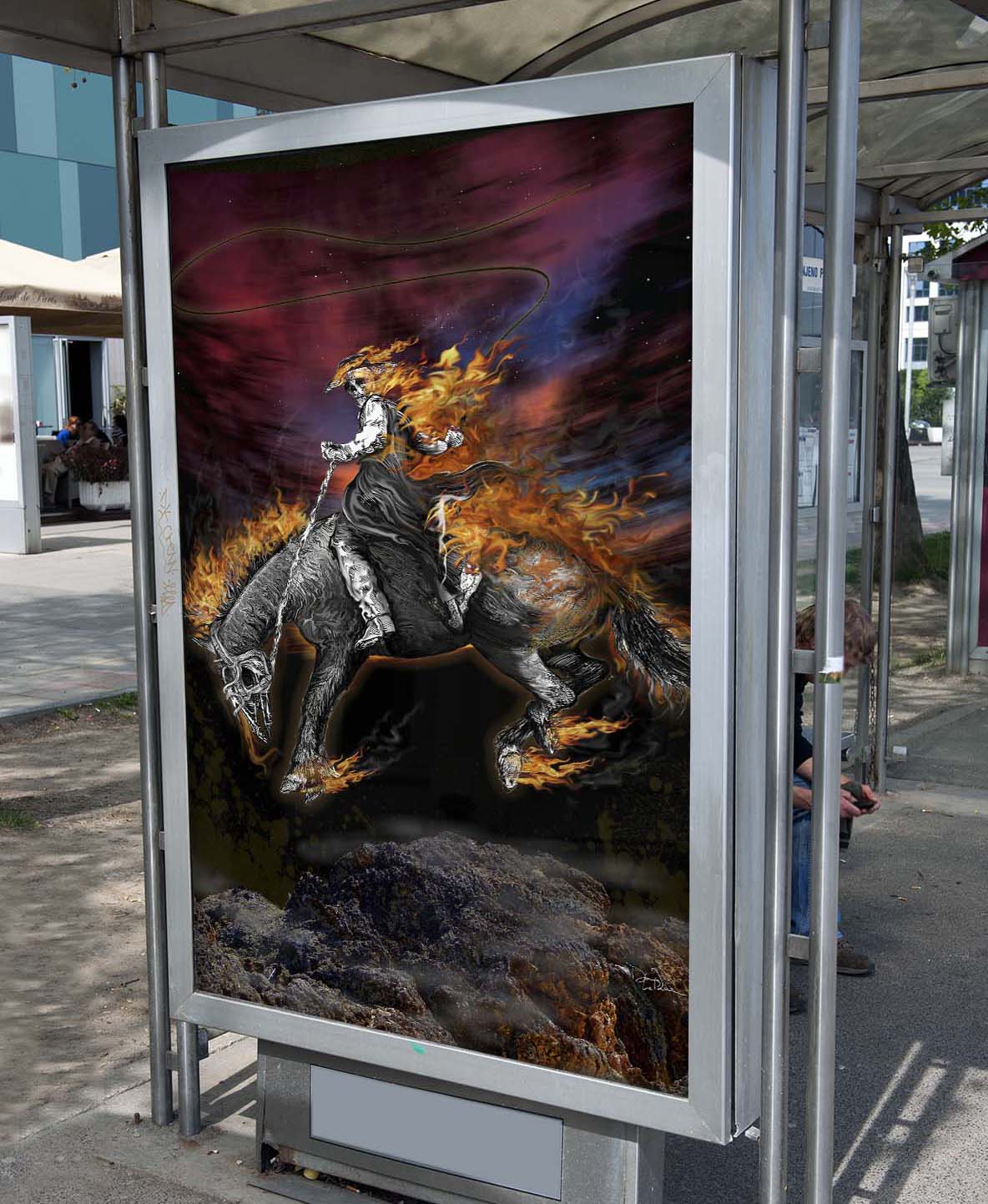 Texas Ghost Rider in a metal bus stop poster display 