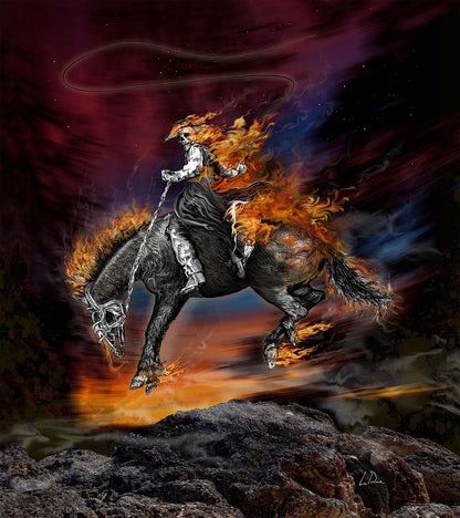 Texas Ghost Rider on a horse leaping over a rocky embankment
