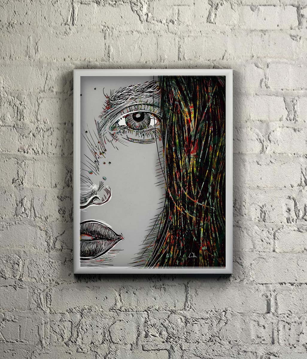 Tara's Eye art by Doug LaRue on a white brick wall